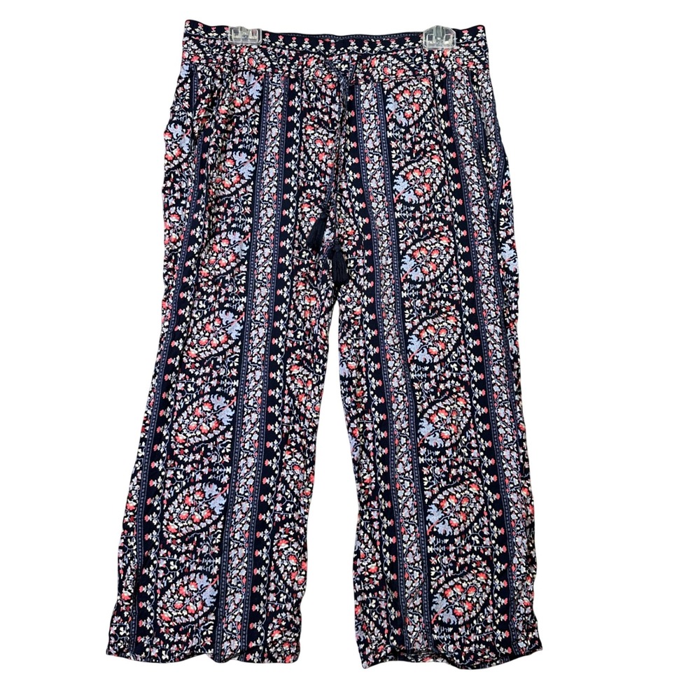 Liz Claiborne Floral Wide Leg Pants Boho Resortwear Tassel‎ Navy Blue Red Size S